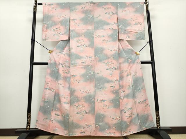 平和屋着物●上質な小紋　松竹梅　流水風景草花文　暈し染め　正絹　逸品　DAAW5487ud