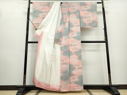 平和屋着物●上質な小紋　松竹梅　流水風景草花文　暈し染め　正絹　逸品　DAAW5487ud