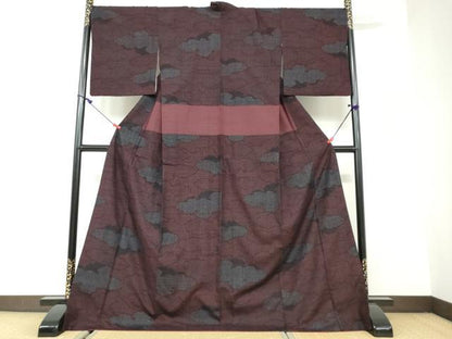 平和屋着物●結城紬　80亀甲　雲霞文　ロング丈　正絹　逸品　DAAW5521ud