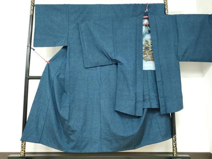 平和屋着物●男性　紬　アンサンブル　濃藍色　正絹　逸品　DAAW5540ud