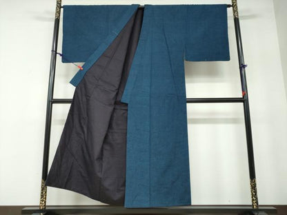 平和屋着物●男性　紬　アンサンブル　濃藍色　正絹　逸品　DAAW5540ud