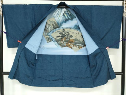平和屋着物●男性　紬　アンサンブル　濃藍色　正絹　逸品　DAAW5540ud