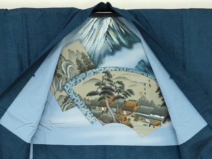 平和屋着物●男性　紬　アンサンブル　濃藍色　正絹　逸品　DAAW5540ud