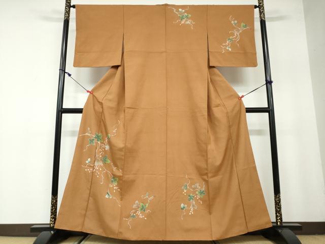 平和屋着物●訪問着　白山紬　友禅　枝葉文　正絹　逸品　DAAW5552ud