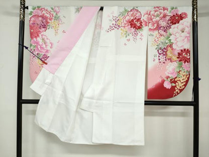 平和屋着物●森英恵・HANAE MORI　小振袖　二尺袖・長襦袢（無双仕立て）セット　雪輪花蝶文　金彩　洗える着物　DAAW5571ud