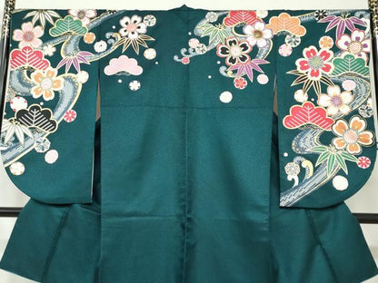 平和屋着物●小振袖 二尺袖・長襦袢（無双仕立て）セット 駒刺繍 草花文 金銀彩 半衿刺繍 洗える着物 DAAW5572ud