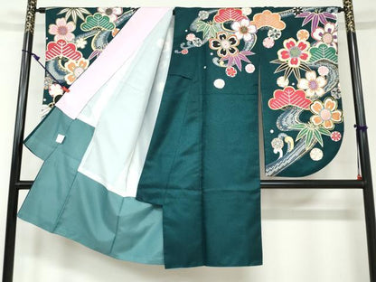 平和屋着物●小振袖 二尺袖・長襦袢（無双仕立て）セット 駒刺繍 草花文 金銀彩 半衿刺繍 洗える着物 DAAW5572ud