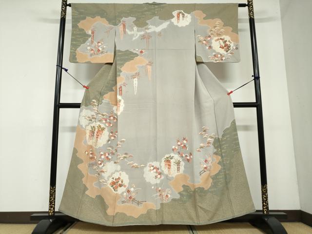 平和屋着物●訪問着 絞り 草花文 金彩 正絹 逸品 DAAW5610ud