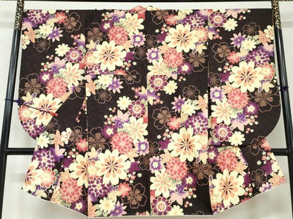 平和屋着物●小振袖 二尺袖 草花文 金彩 洗える着物 DAAW5694ud