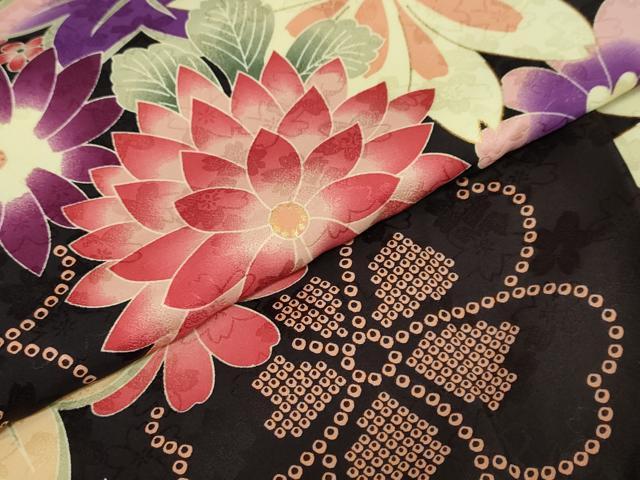 平和屋着物●小振袖 二尺袖 草花文 金彩 洗える着物 DAAW5694ud