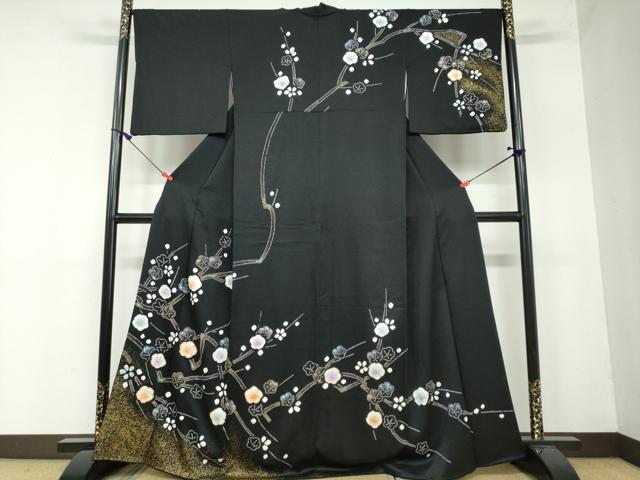 平和屋着物●訪問着 駒刺繍 絞り 枝梅文 黒地 金彩 正絹 逸品 DAAW5774ud