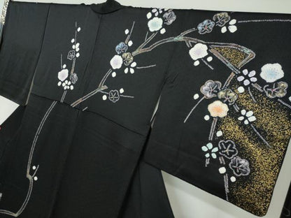 平和屋着物●訪問着 駒刺繍 絞り 枝梅文 黒地 金彩 正絹 逸品 DAAW5774ud