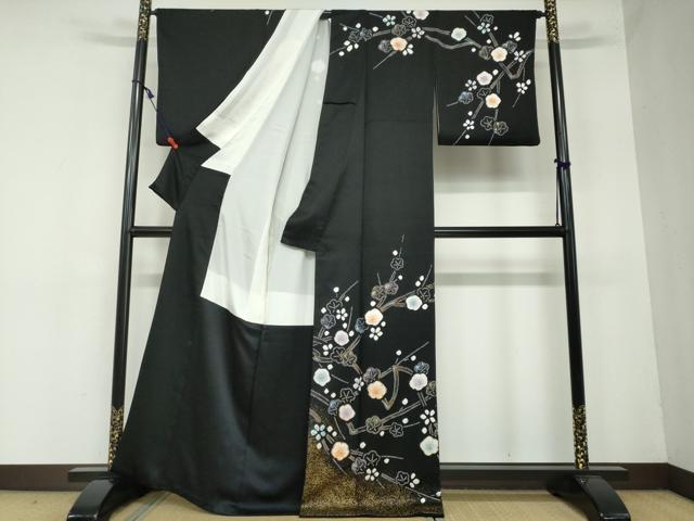 平和屋着物●訪問着 駒刺繍 絞り 枝梅文 黒地 金彩 正絹 逸品 DAAW5774ud