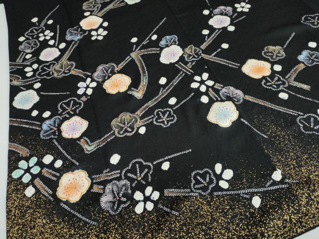 平和屋着物●訪問着 駒刺繍 絞り 枝梅文 黒地 金彩 正絹 逸品 DAAW5774ud