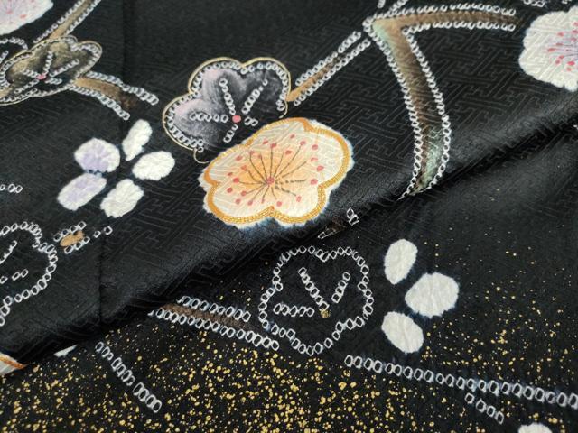 平和屋着物●訪問着 駒刺繍 絞り 枝梅文 黒地 金彩 正絹 逸品 DAAW5774ud