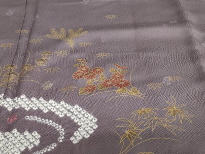 平和屋着物●訪問着　絞り　流水草花文　金彩　正絹　逸品　DAAW5791ud
