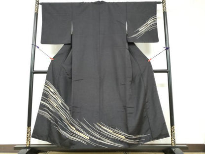 平和屋着物●訪問着　長浜みなも　上代紬　草花文　黒地　金彩　正絹　逸品　DAAW5833ud