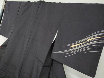 平和屋着物●訪問着　長浜みなも　上代紬　草花文　黒地　金彩　正絹　逸品　DAAW5833ud