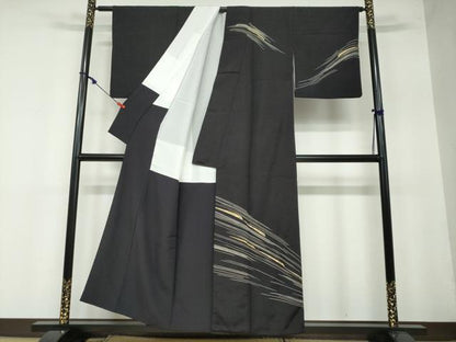 平和屋着物●訪問着　長浜みなも　上代紬　草花文　黒地　金彩　正絹　逸品　DAAW5833ud