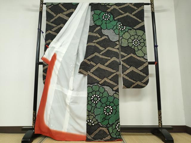 平和屋着物●豪華振袖 総絞り 草花文 黒地 正絹 逸品 DAAW5843ud
