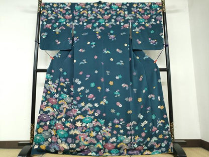 平和屋着物●手差し紅型作家　都巳二　訪問着　飛鶴草花文　鬼しぼ縮緬　正絹　逸品　DAAW5852ud