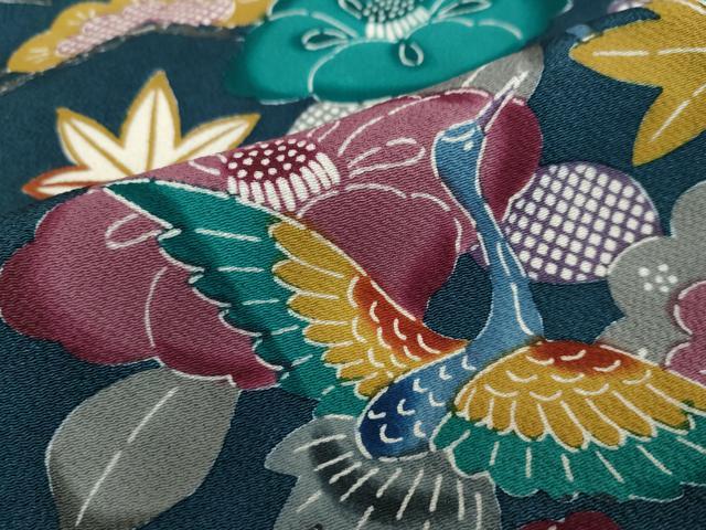 平和屋着物●手差し紅型作家　都巳二　訪問着　飛鶴草花文　鬼しぼ縮緬　正絹　逸品　DAAW5852ud