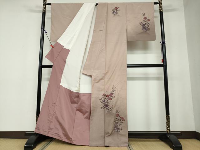 平和屋着物●訪問着　紬地　作家物　手描き　草花文　正絹　逸品　DAAW5857ud