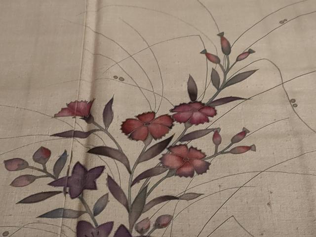 平和屋着物●訪問着　紬地　作家物　手描き　草花文　正絹　逸品　DAAW5857ud