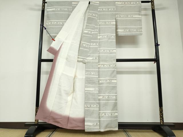 平和屋着物●上質な紬　横段草花文　正絹　逸品　DAAW5894ud