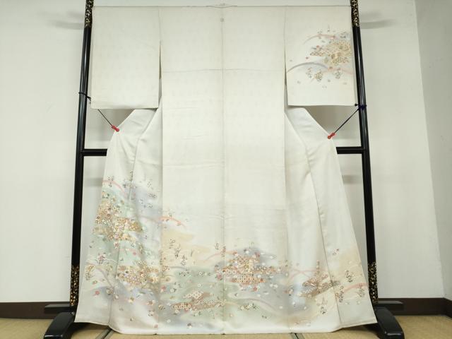 平和屋着物●訪問着 駒刺繍 吉祥草花文 暈し染め 金彩 正絹 逸品 DAAW5931ud