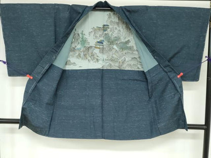 平和屋着物●男性　紬　アンサンブル　長羽織　霞文　正絹　逸品　未使用　DAAW5939ud