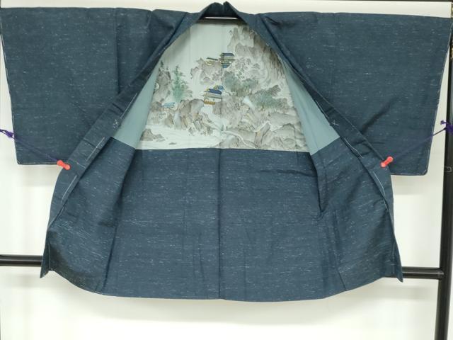 平和屋着物●男性　紬　アンサンブル　長羽織　霞文　正絹　逸品　未使用　DAAW5939ud