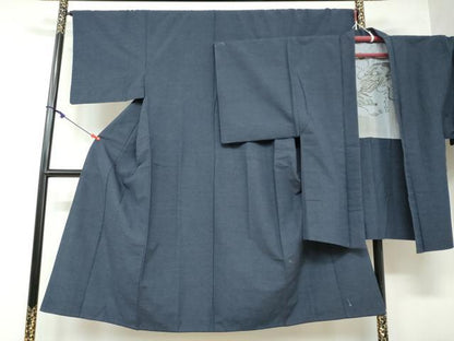平和屋着物●男性 紬 アンサンブル 長羽織 鉄紺色 正絹 逸品 DAAW5940ud