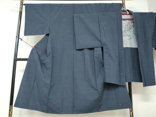 平和屋着物●男性 紬 アンサンブル 長羽織 鉄紺色 正絹 逸品 DAAW5940ud