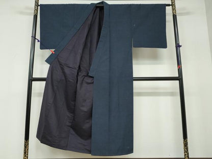 平和屋着物●男性 紬 アンサンブル 長羽織 鉄紺色 正絹 逸品 DAAW5940ud