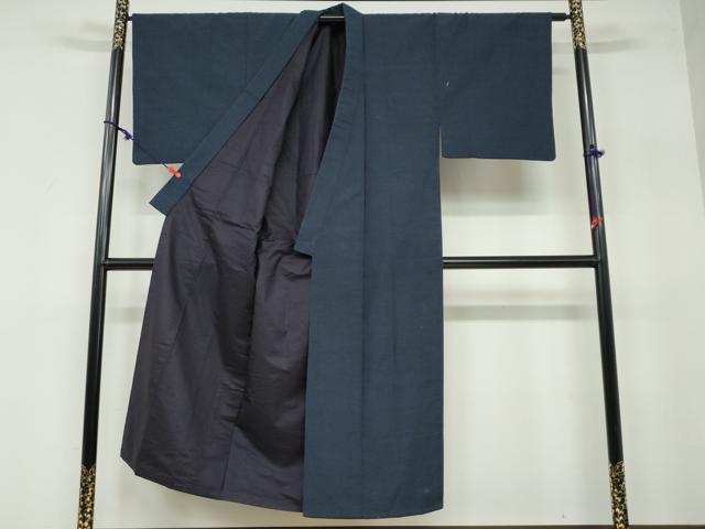 平和屋着物●男性 紬 アンサンブル 長羽織 鉄紺色 正絹 逸品 DAAW5940ud