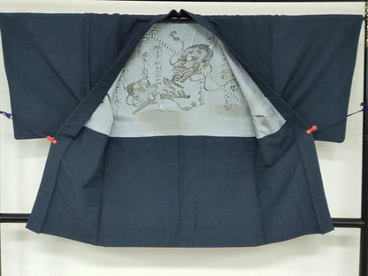 平和屋着物●男性 紬 アンサンブル 長羽織 鉄紺色 正絹 逸品 DAAW5940ud