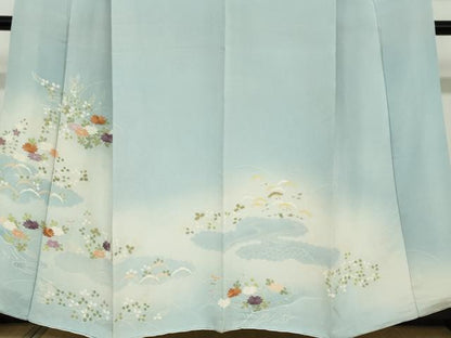 平和屋着物●訪問着　刺繍　流水草花文　暈し染め　鬼しぼ縮緬　正絹　逸品　DAAW5951ud