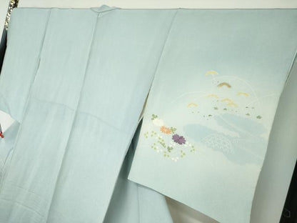 平和屋着物●訪問着　刺繍　流水草花文　暈し染め　鬼しぼ縮緬　正絹　逸品　DAAW5951ud