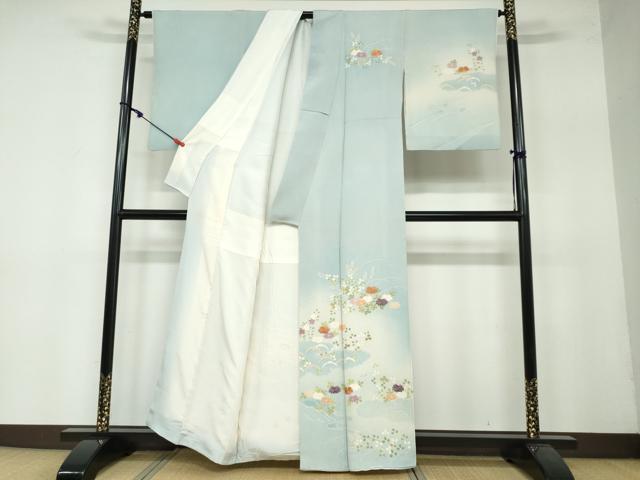 平和屋着物●訪問着　刺繍　流水草花文　暈し染め　鬼しぼ縮緬　正絹　逸品　DAAW5951ud