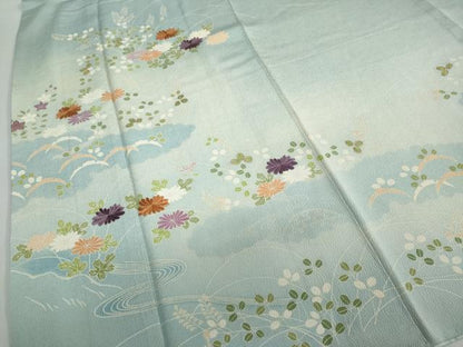 平和屋着物●訪問着　刺繍　流水草花文　暈し染め　鬼しぼ縮緬　正絹　逸品　DAAW5951ud