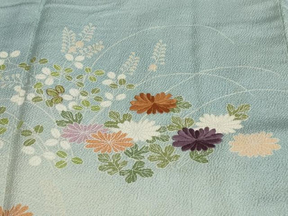 平和屋着物●訪問着　刺繍　流水草花文　暈し染め　鬼しぼ縮緬　正絹　逸品　DAAW5951ud