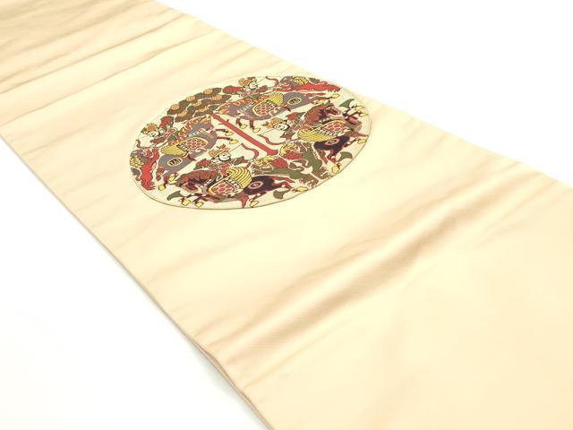 平和屋着物●太鼓柄袋帯 狩猟丸文 肌色 正絹 逸品 DAAW6534ob