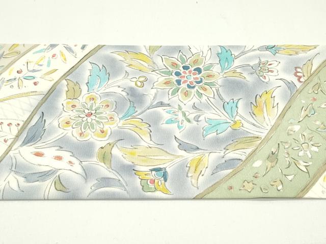 平和屋着物●塩瀬　九寸名古屋帯　手描き　更紗花唐草文　正絹　逸品　DAAW6571ob