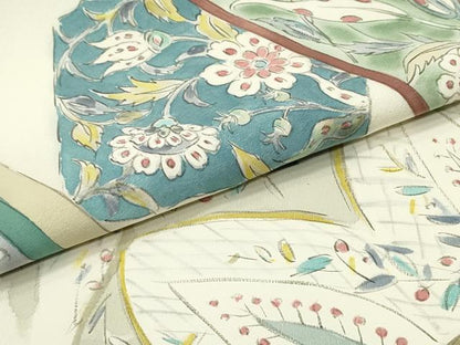 平和屋着物●塩瀬　九寸名古屋帯　手描き　更紗花唐草文　正絹　逸品　DAAW6571ob