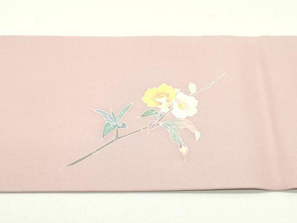 平和屋着物●塩瀬　九寸名古屋帯　友禅　作家物　枝花文　珊瑚色　正絹　逸品　DAAW6573ob