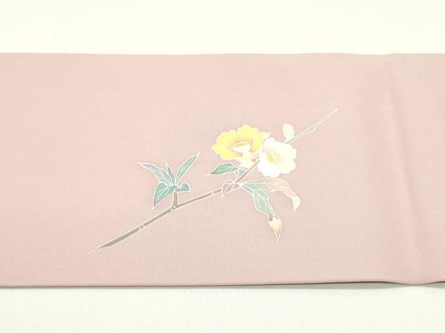 平和屋着物●塩瀬　九寸名古屋帯　友禅　作家物　枝花文　珊瑚色　正絹　逸品　DAAW6573ob