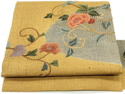 平和屋着物●中国三大刺繍　スワトウ刺繍　汕頭刺繍　相良刺繍　九寸名古屋帯　紬地　花唐草文　狐色　正絹　逸品　DAAW6592ob