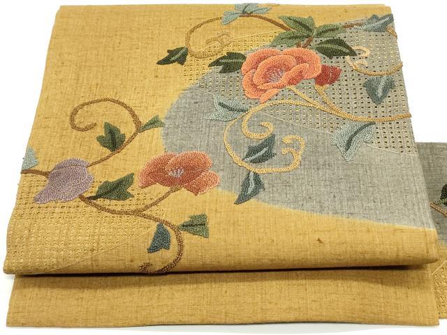 平和屋着物●中国三大刺繍　スワトウ刺繍　汕頭刺繍　相良刺繍　九寸名古屋帯　紬地　花唐草文　狐色　正絹　逸品　DAAW6592ob