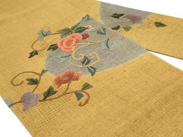 平和屋着物●中国三大刺繍　スワトウ刺繍　汕頭刺繍　相良刺繍　九寸名古屋帯　紬地　花唐草文　狐色　正絹　逸品　DAAW6592ob